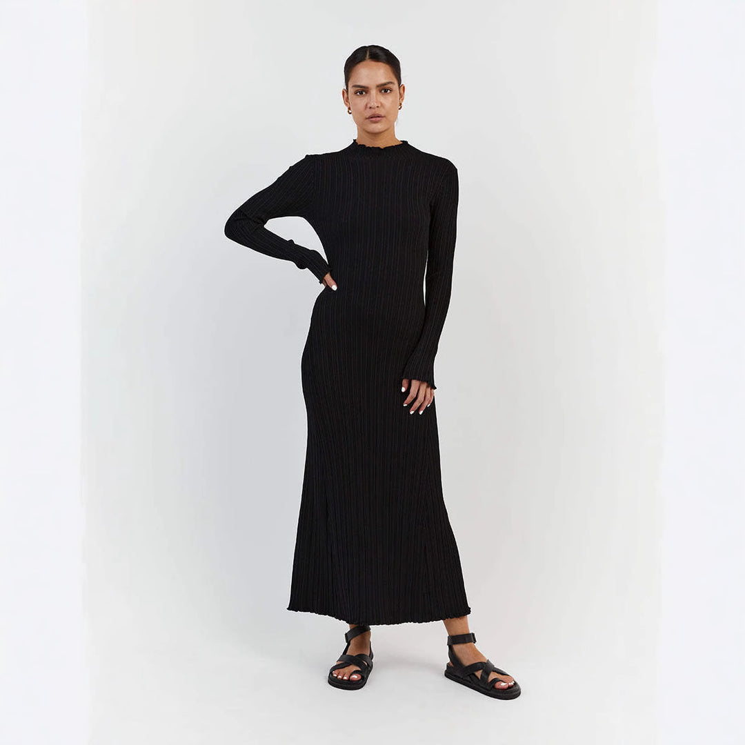Damen Elegantes Maxikleid mit strukturiertem Rippdesign und femininem Kragen EB