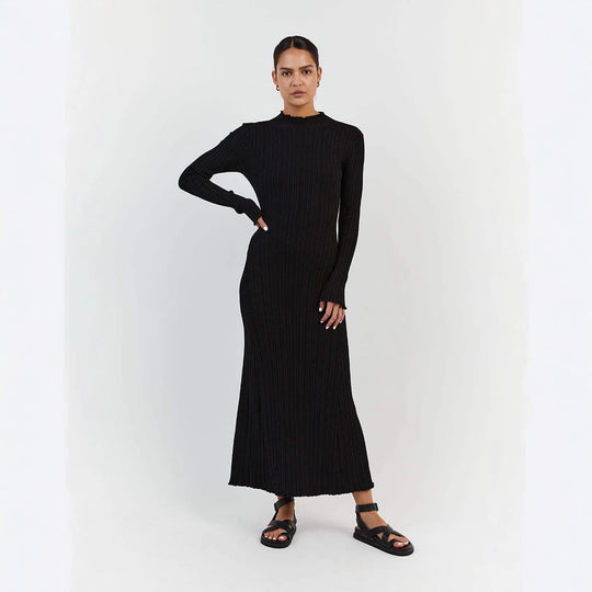Damen Elegantes Maxikleid mit strukturiertem Rippdesign und femininem Kragen EB