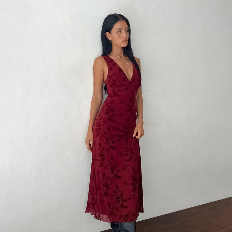 Damen Maxikleid mit floralem Spitzenmuster und tiefem V-Ausschnitt EB
