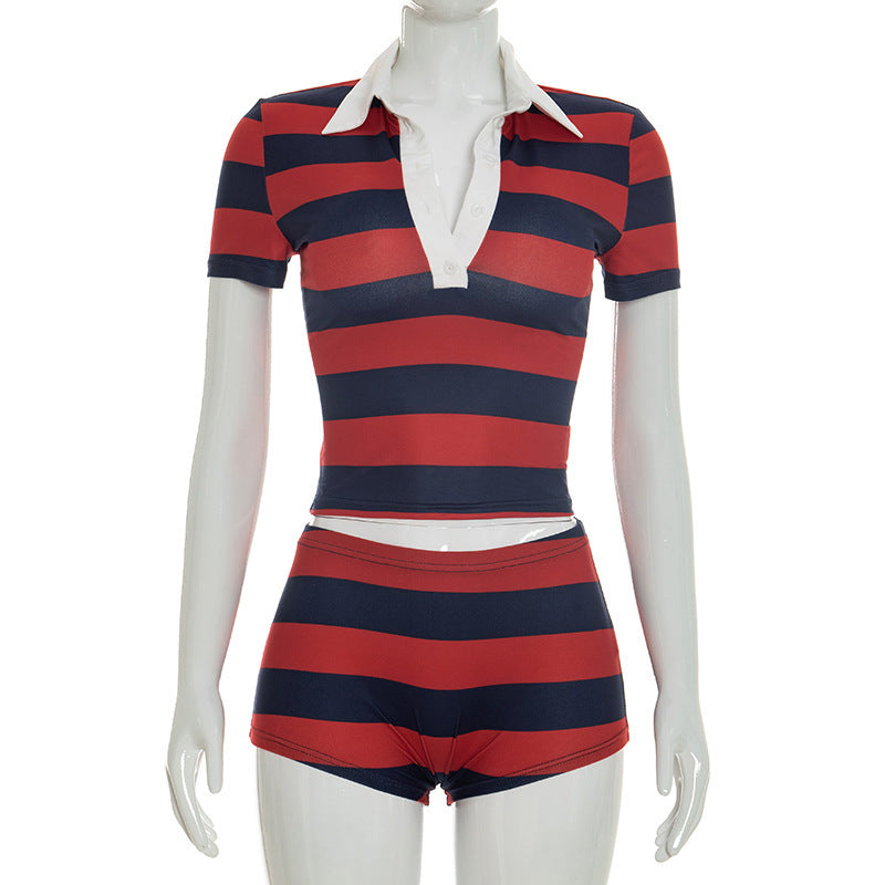 Damen Sportliches Streifen-Oberteil und Shorts-Set EB