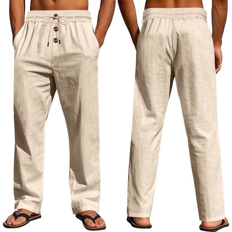 Herren nan lockere Leinen-Relaxhose mit elastischem Tunnelzugbund, Kordelzug und dekorativer Knopfleiste EB