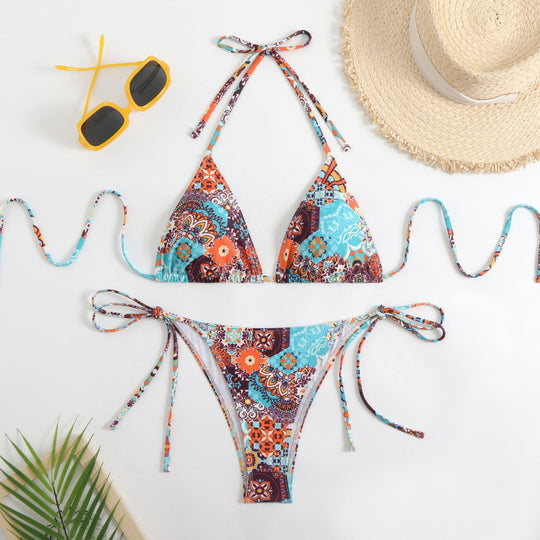 Damen Triangel-Bikini mit floralem Muster und verspieltem Bindeband EB