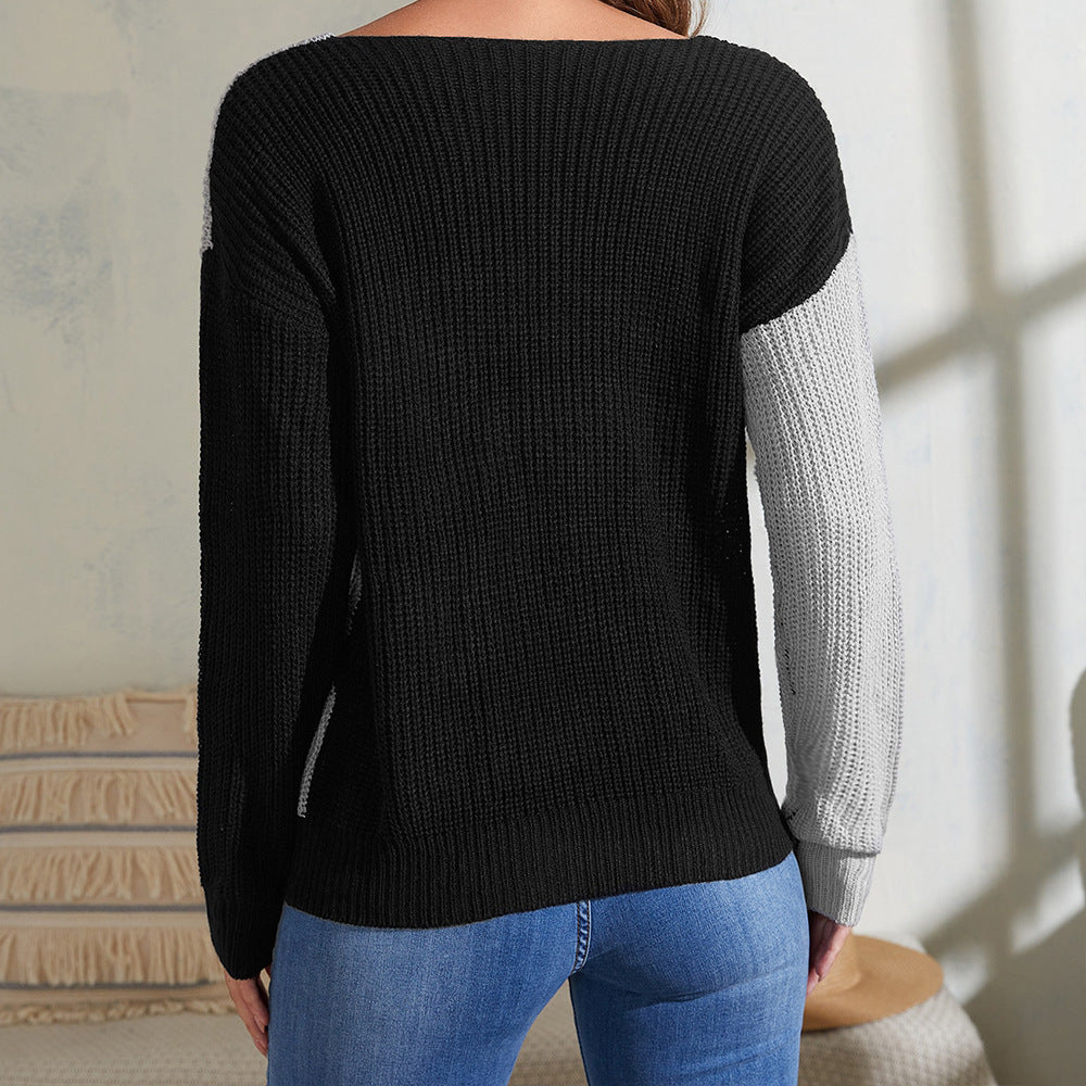 Damen lässiger Pullover mit asymmetrischem Farbspiel und V-Ausschnitt EB