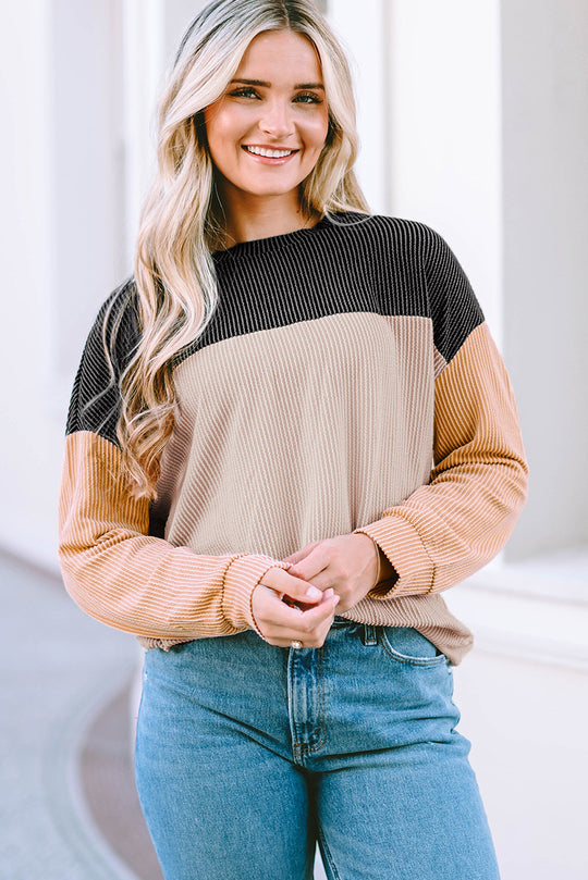 Damen lässiger Pullover mit Rippstruktur und Farbblöcken EB
