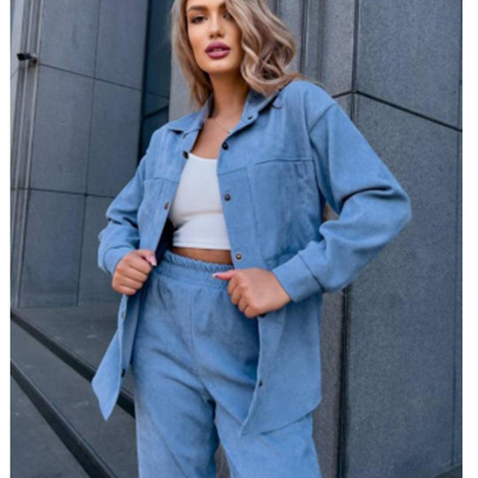 Damen bequeme Lounge-Set mit Knopfleiste und elastischen Bündchen EB