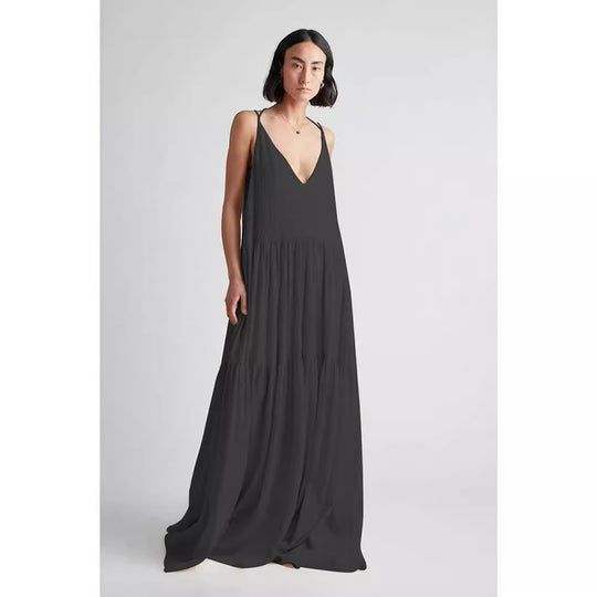 Damen Maxikleid mit tiefem V-Ausschnitt und voluminösem Rock EB