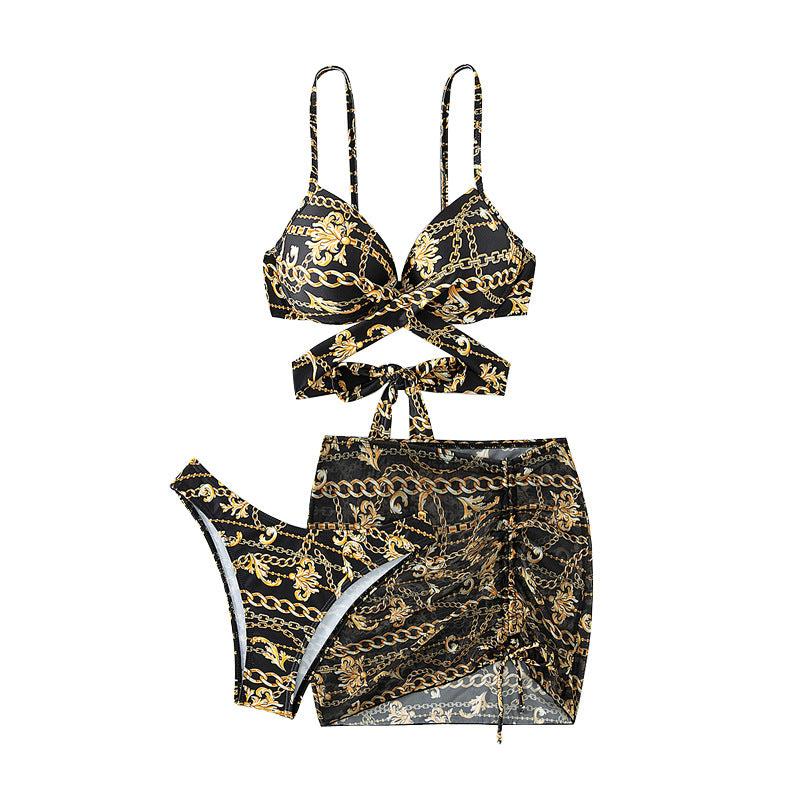 Damen Bikini mit ausgefallenem Kettenmuster und integriertem Rock EB
