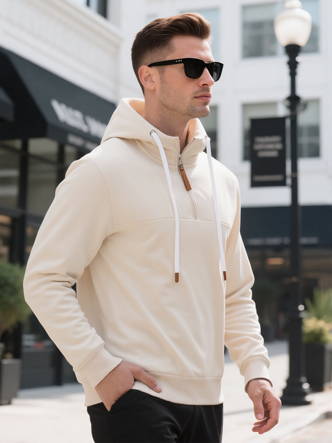 Herren Halbzip-Kapuzenpullover mit Stehkragen, Kordelzug und Lederdetails EB