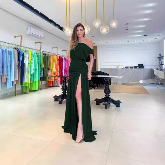 Damen Asymmetrisches Maxikleid mit Schlitz und Schulterfreiem Design EB