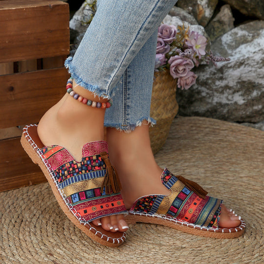 Damen Lifestyle Pantoletten mit verspieltem Tassel-Design und buntem Webmuster EB