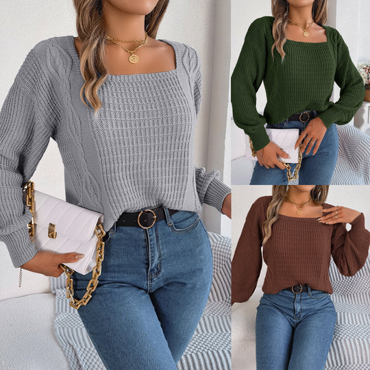 Damen Grobstrickpullover mit quadratischem Ausschnitt und voluminösen Ärmeln EB
