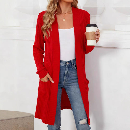 Damen Longcardigan aus geripptem Chenille mit aufgesetzten Taschen EB