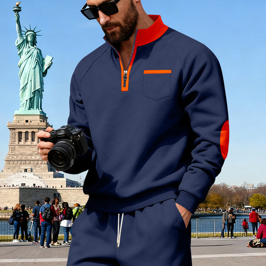 Herren nan Fleece-Quarterzip Pullover mit Brusttasche und Ellbogenpatches EB