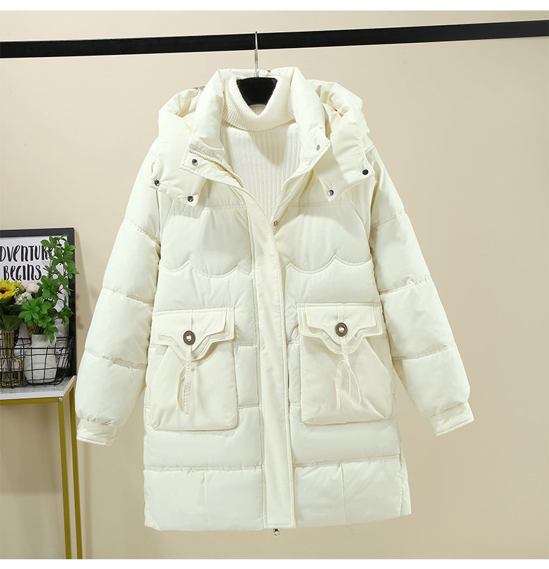 Damen Lange Pufferjacke mit praktischem Kapuzenkragen und großen Taschen EB