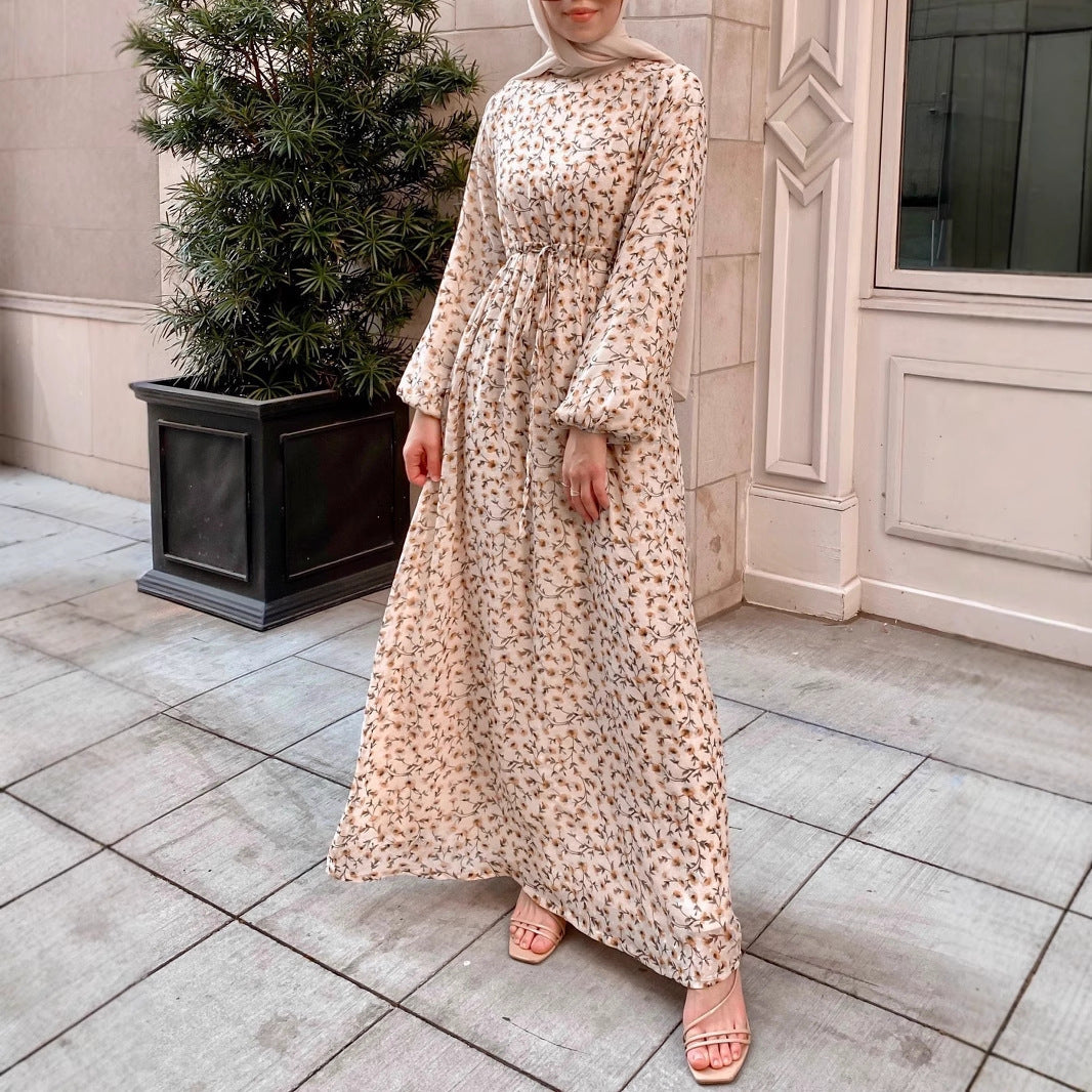 Damen Geblümtes Maxikleid mit Kordel-Taille und Ballonärmeln EB