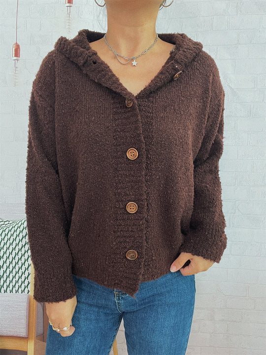 Damen kuschelige Strickjacke mit Kapuze und Knopfdetails EB
