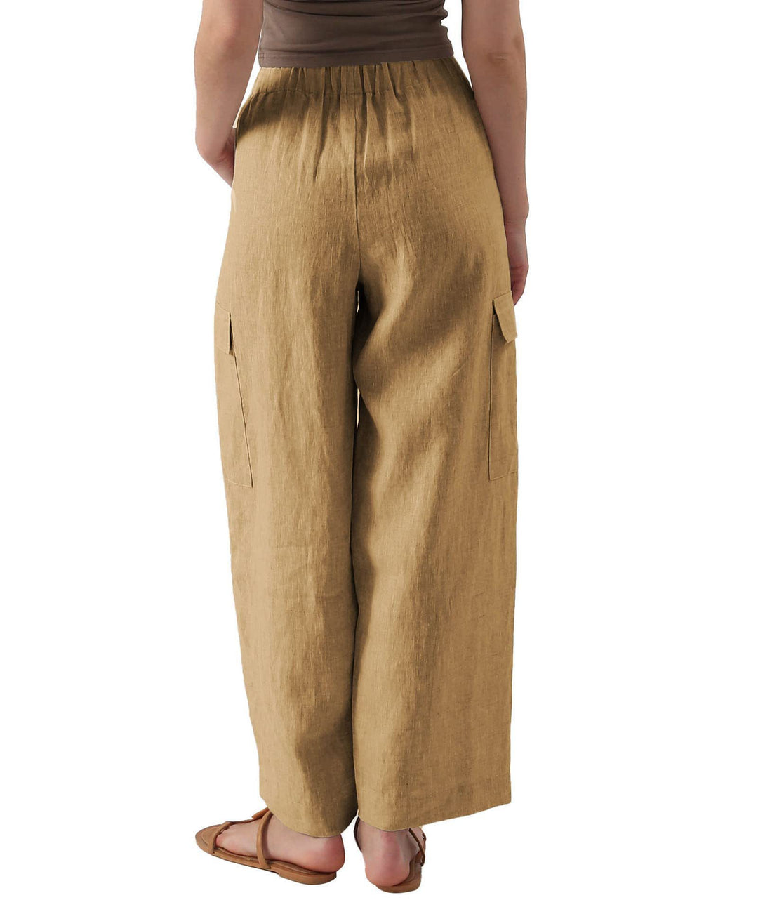 Damen lässige Leinen-Cargo-Hose mit hohen Taschen und elastischem Bund EB