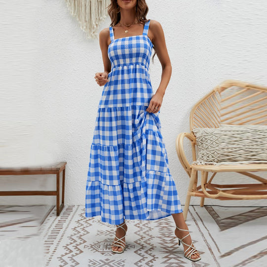 Damen Boho-Langkleid mit luftigen Rüschendetails und schmalen Spaghettiträgern EB