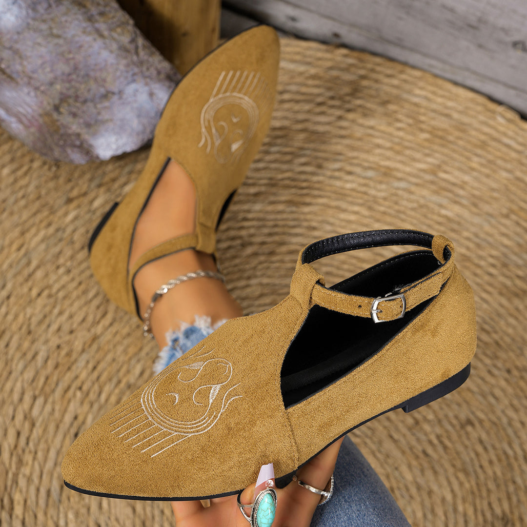 Damen Flache Slingback-Pantoletten mit eleganter Schnallen-Applikation und kunstvollen Stickereien EB