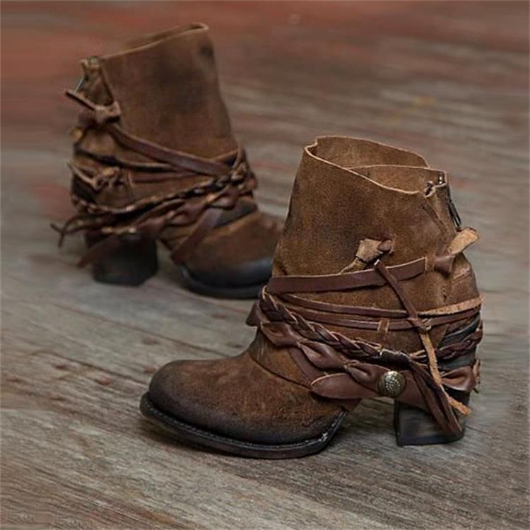 Damen Vintage Western-Ankleboots aus Velourslederoptik mit geflochtenen Zierriemen und niedrigem Blockabsatz EB