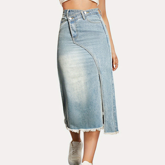 Damen Jeansrock mit seitlichem Schlitz und fransigem Saum EB