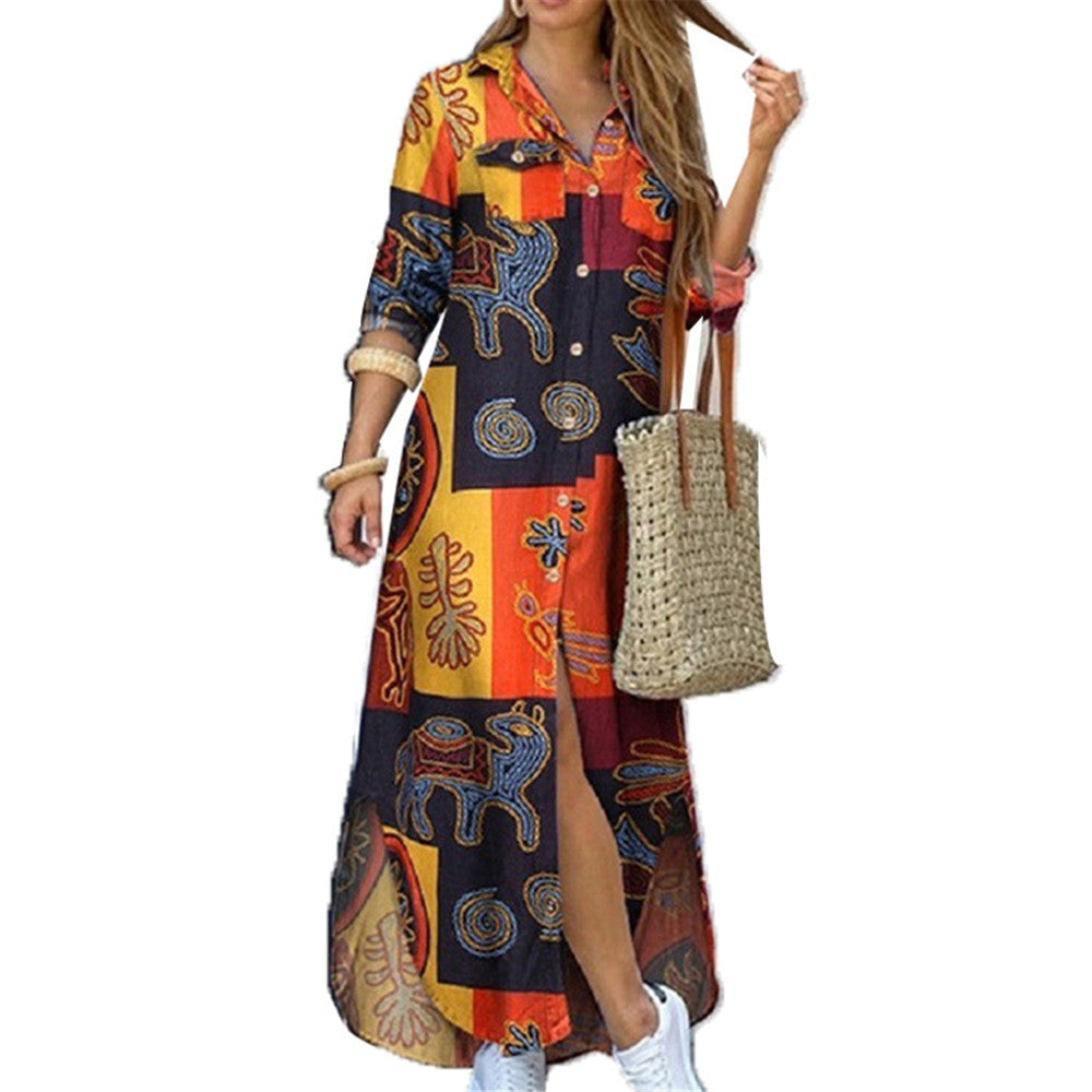 Damen nan langes Hemdkleid mit floralem Muster und seitlichem Schlitz EB