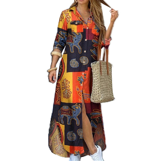 Damen nan langes Hemdkleid mit floralem Muster und seitlichem Schlitz EB