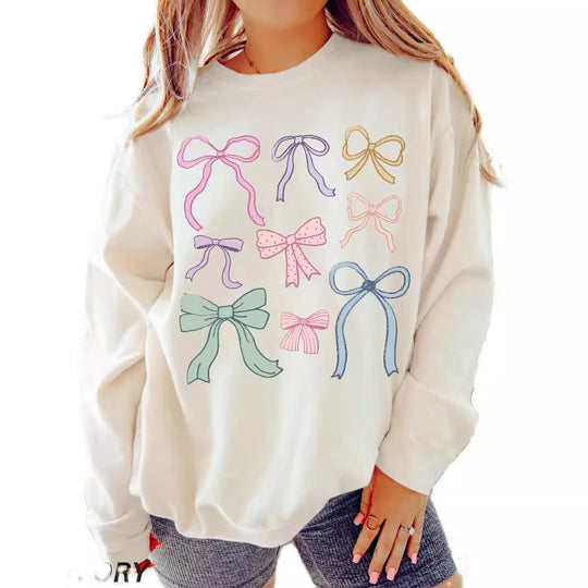 Damen lässiger Sweatshirt mit bunten Schleifenmotiven EB