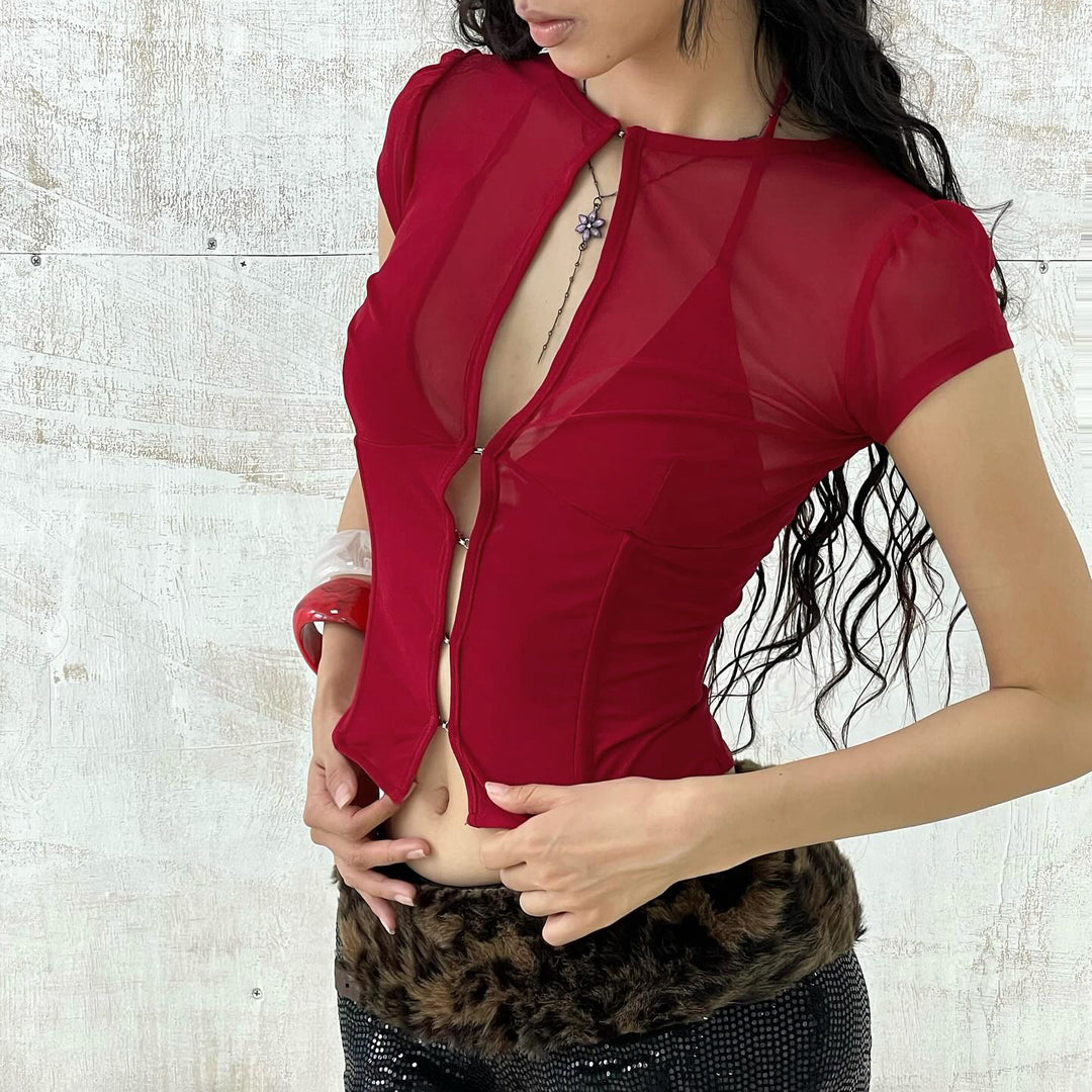 Damen Mesh-Oberteil mit dekorativem Bindeband EB