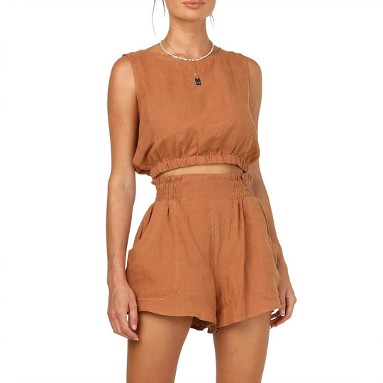Damen lässiges Leinen-Oberteil mit hochgeschnürtem Saum und Shorts EB