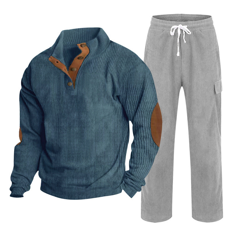 Herren nan Strick-Freizeitset mit Knopfleiste und Ellenbogenaufnähern sowie Cord-Cargohose EB