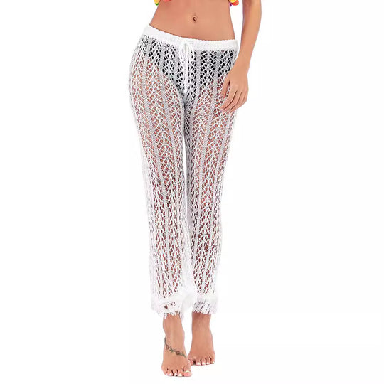 Damen Häkelstrickhose mit fransigen Säumen und hohem Bund EB