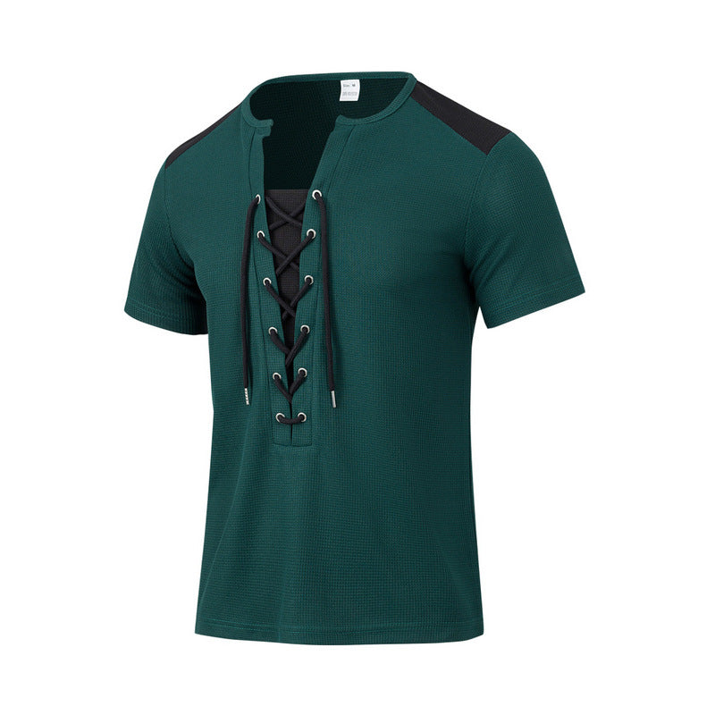 Herren Kurzarm-Henley-T-Shirt mit dekorativen Schnürdetails und atmungsaktiver Struktur EB