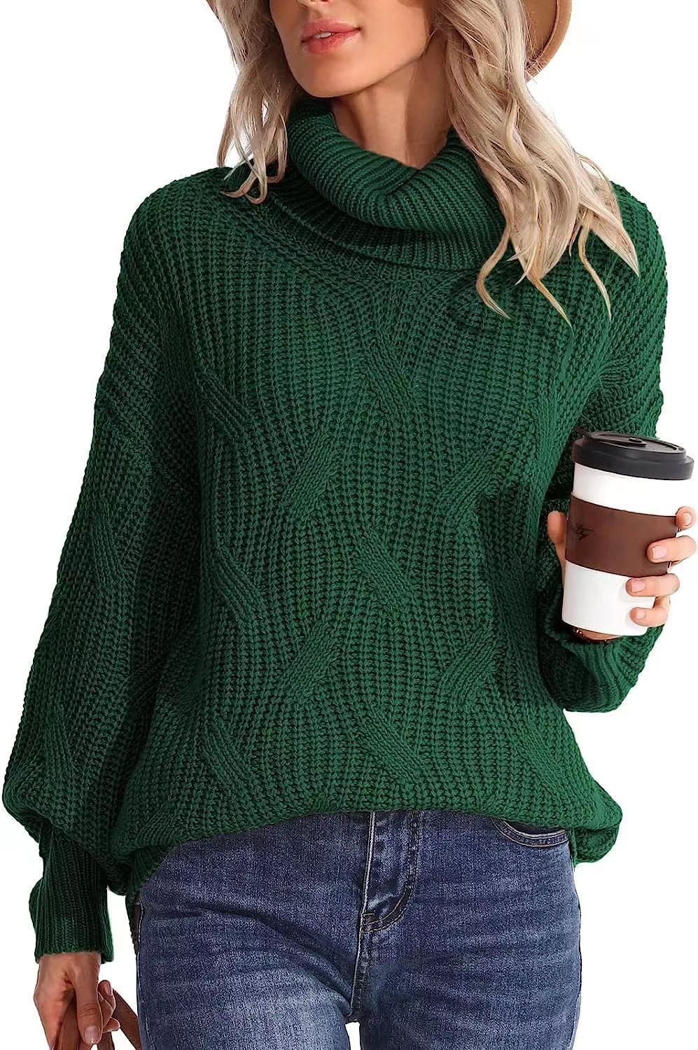 Damen Weicher Strickpullover mit hohem Kragen und Kabelmuster EB