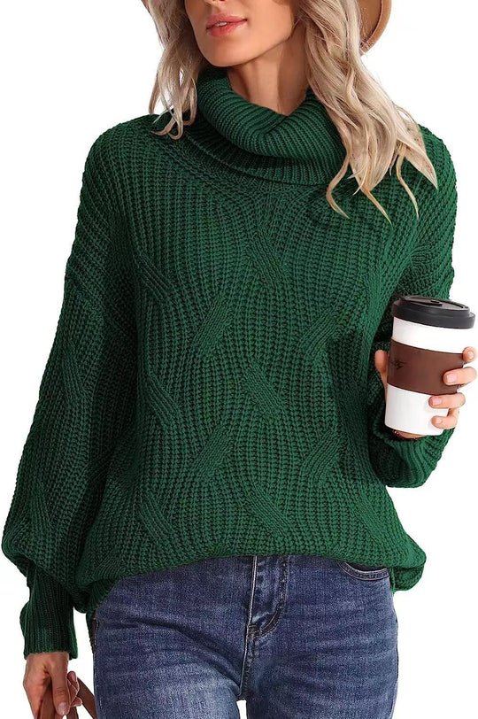 Damen Weicher Strickpullover mit hohem Kragen und Kabelmuster EB