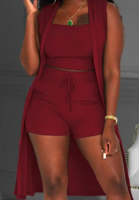 Damen lässiges 3-teiliges Set bestehend aus Crop-Top, Shorts und langem Cardigan EB