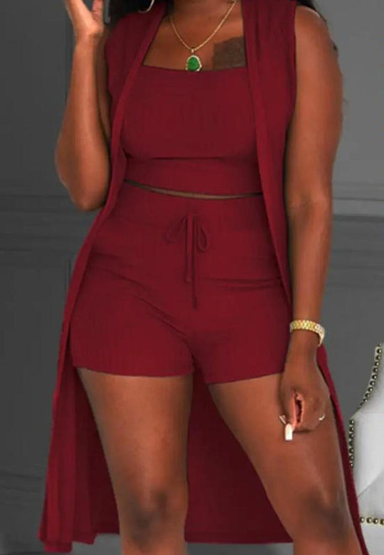 Damen lässiges 3-teiliges Set bestehend aus Crop-Top, Shorts und langem Cardigan EB