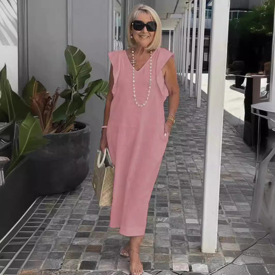 Damen Leichtes Maxikleid mit V-Ausschnitt und seitlichen Taschen EB