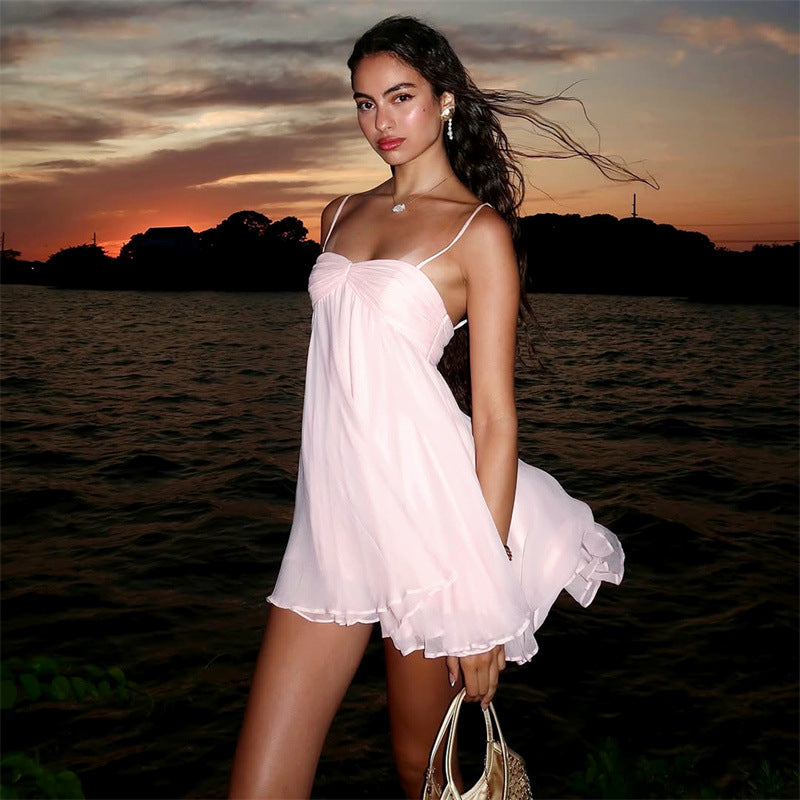 Damen Sommerliches Minikleid mit zarten Spaghettiträgern und schwingendem Rock EB