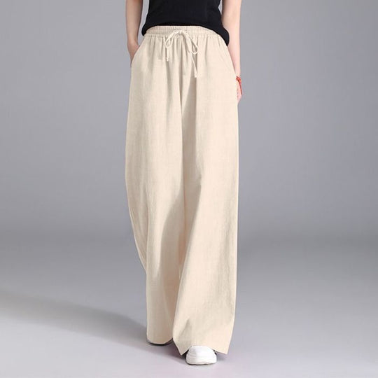 Damen nan weite Palazzo Leinenhose mit elastischem Kordelbund und Seitentaschen EB