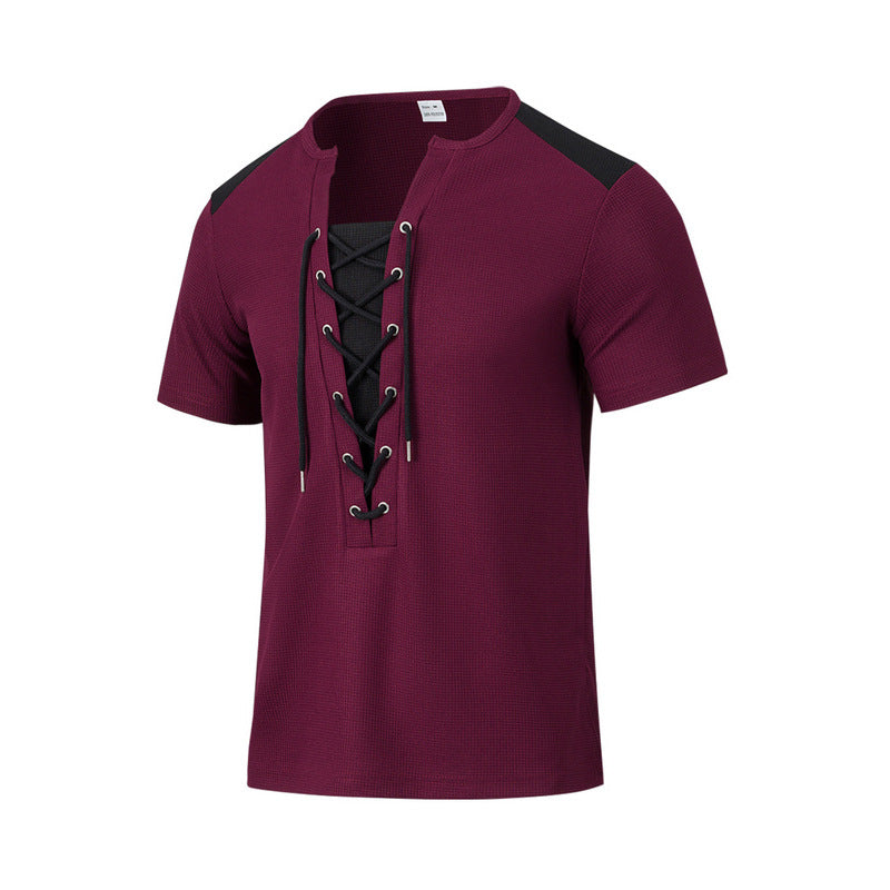 Herren Kurzarm-Henley-T-Shirt mit dekorativen Schnürdetails und atmungsaktiver Struktur EB