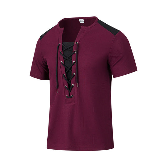 Herren Kurzarm-Henley-T-Shirt mit dekorativen Schnürdetails und atmungsaktiver Struktur EB
