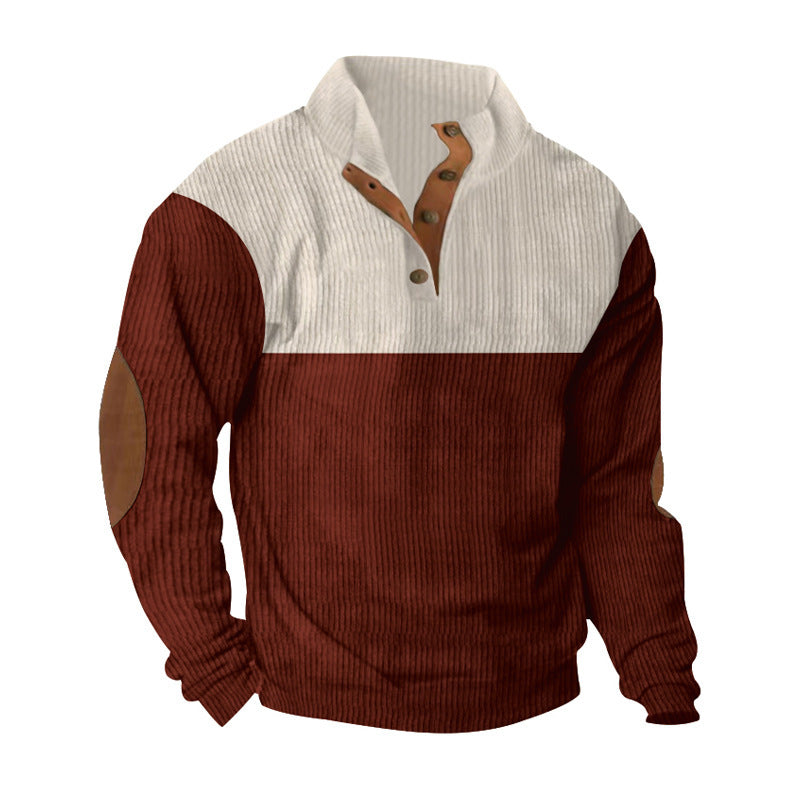 Herren nan gerippter Pullover mit Stehkragen, Knopfleiste und Ellbogen-Patches EB