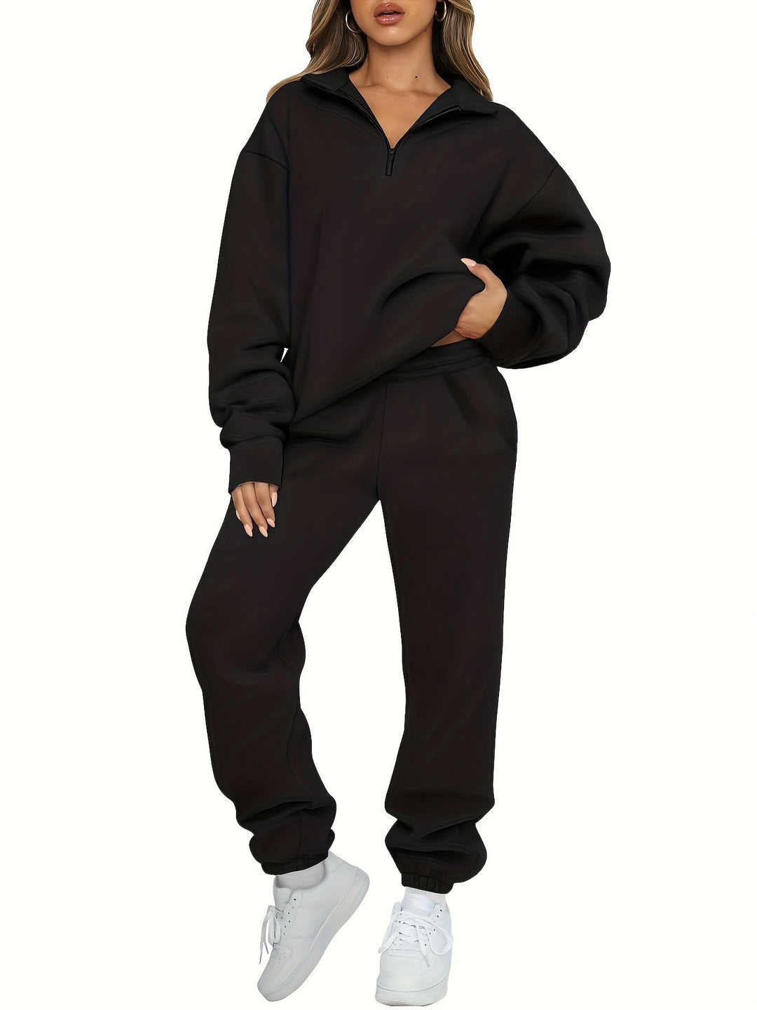 Damen nan zweiteiliges Relax-Set mit halbverdecktem Halbzip-Sweatshirt im Oversize-Schnitt und hohem Komfortbund Jogginghose EB
