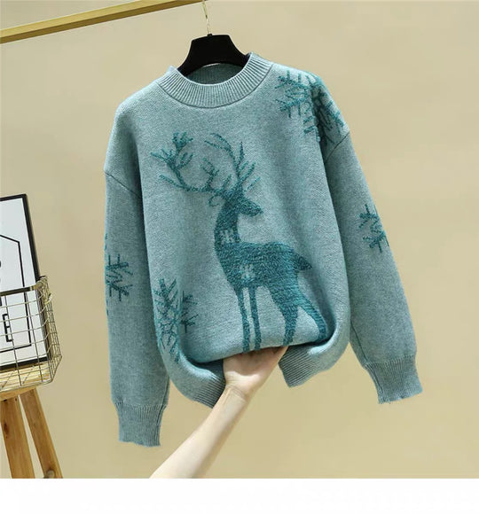 Damen Gemusterter Strickpullover mit Rentier-Jacquard, Rundhalsausschnitt und geripptem Saum EB