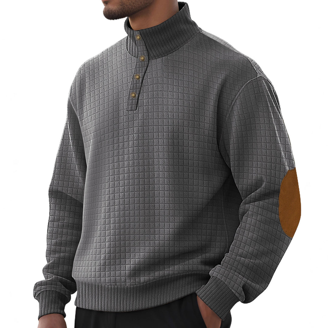 Herren nan kariertes Stepp-Sweatshirt mit Henley-Blende hohem Stehkragen und Velours-Ellenbogenpatch EB