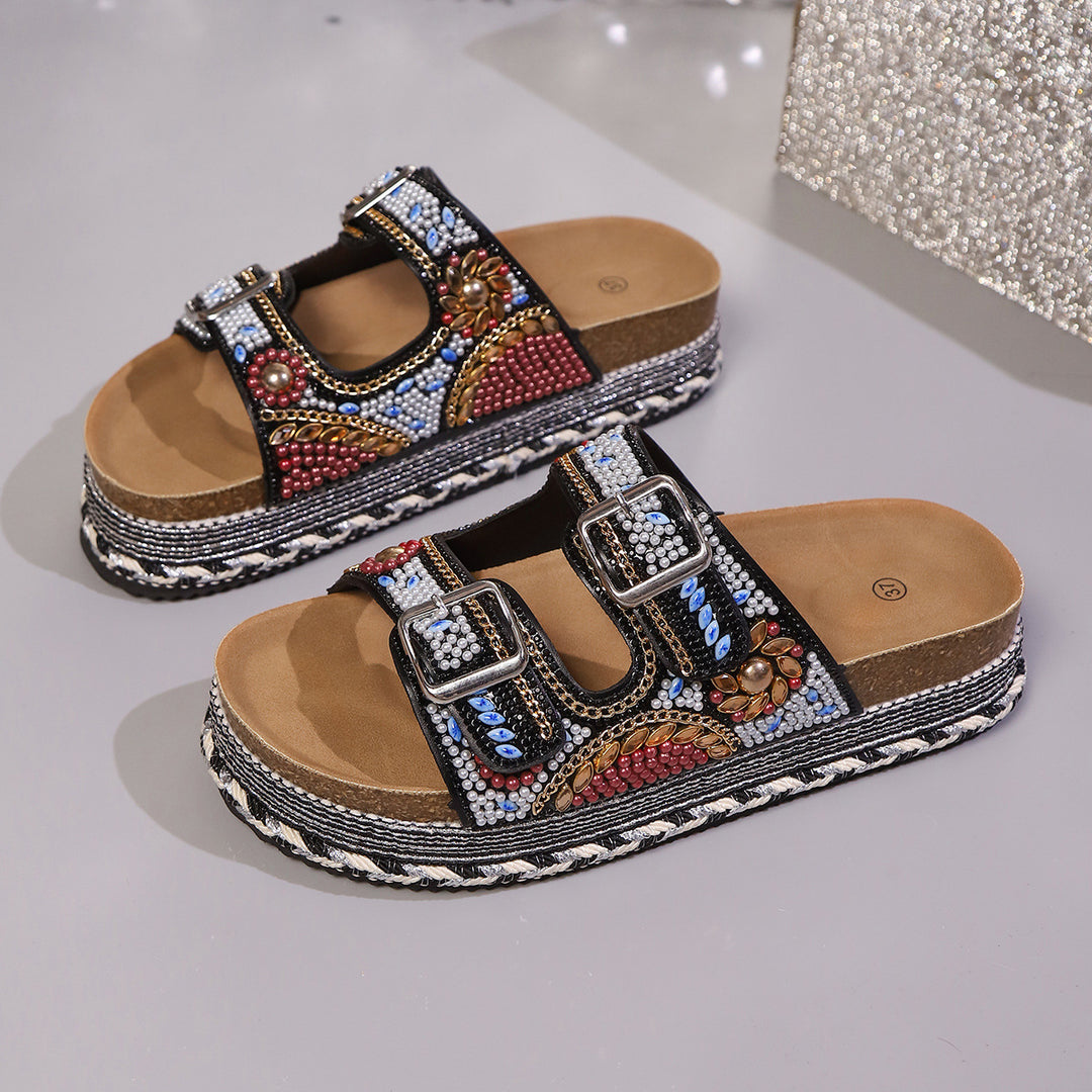 Damen Modische Riemensandalen mit kunstvollen Perlen-Details EB