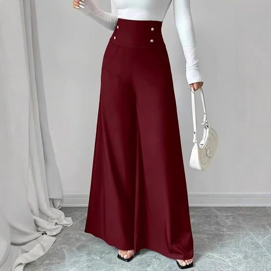 Damen Weite High-Waist Hose mit dekorativen Knöpfen EB
