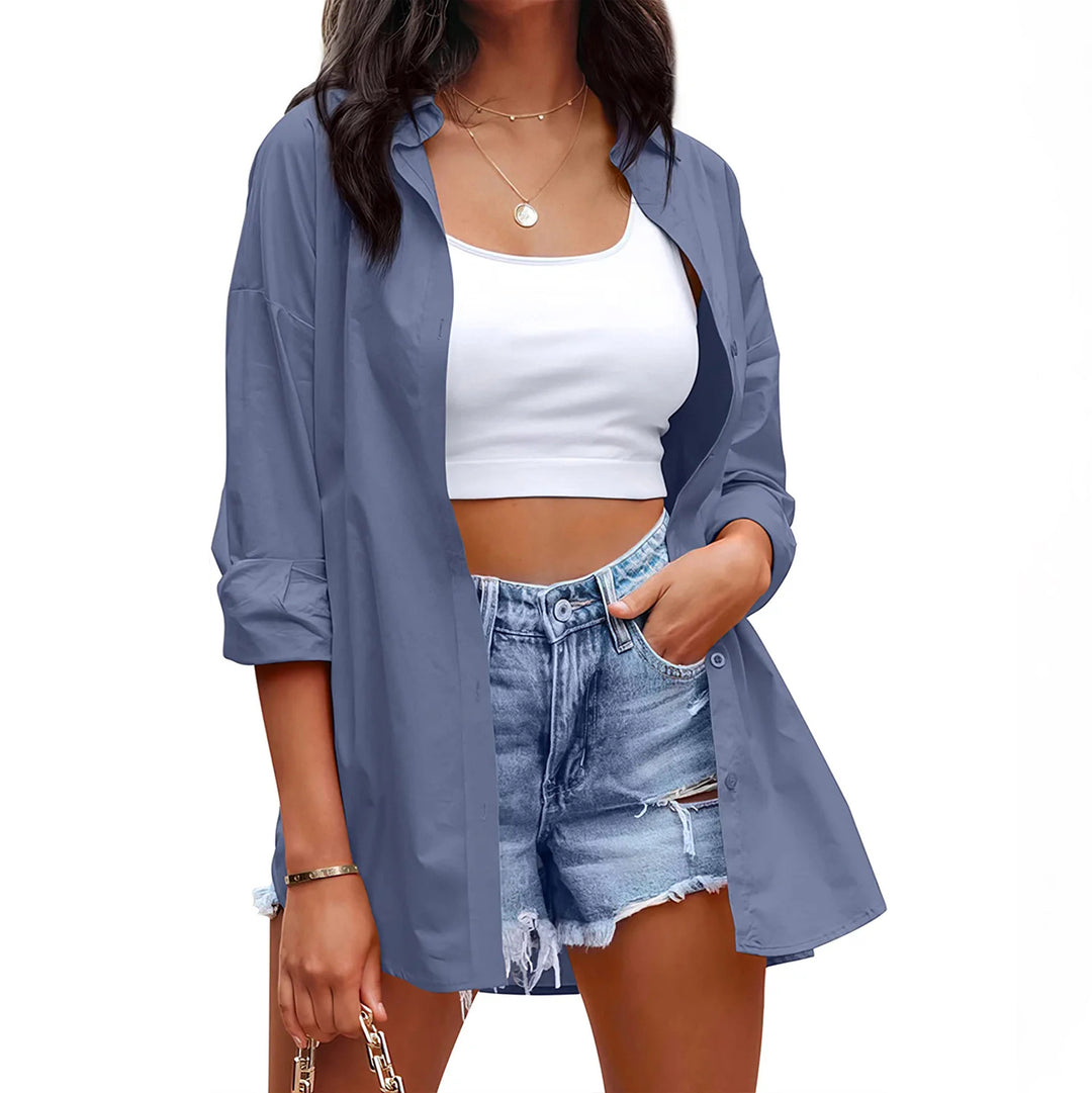 Damen lässige Leinenbluse mit langen Ärmeln und Knopfleiste EB