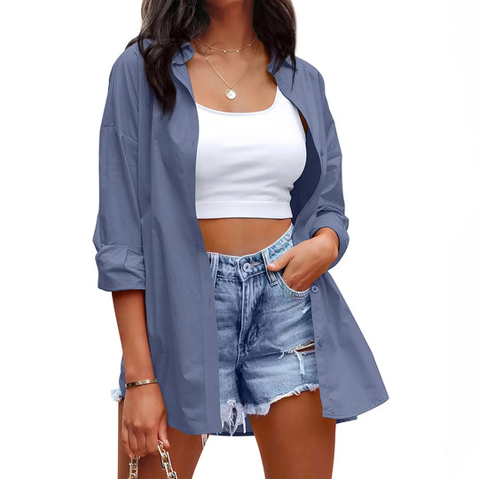 Damen lässige Leinenbluse mit langen Ärmeln und Knopfleiste EB
